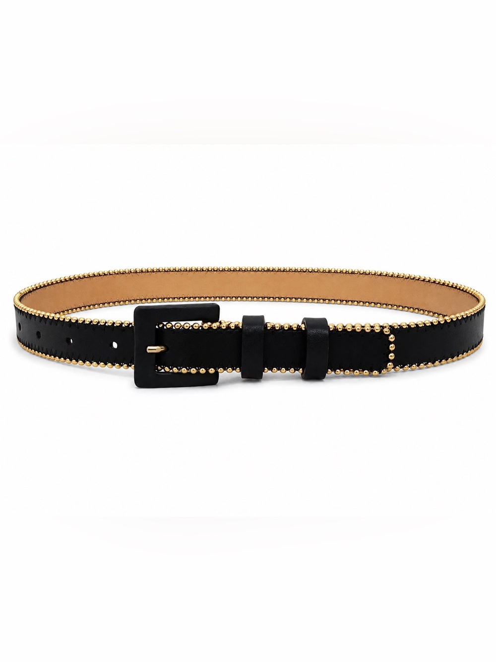 Black Italian Leather Waist Belt - Gold Beaded Trim - Oscar de la Renta SAMPLE